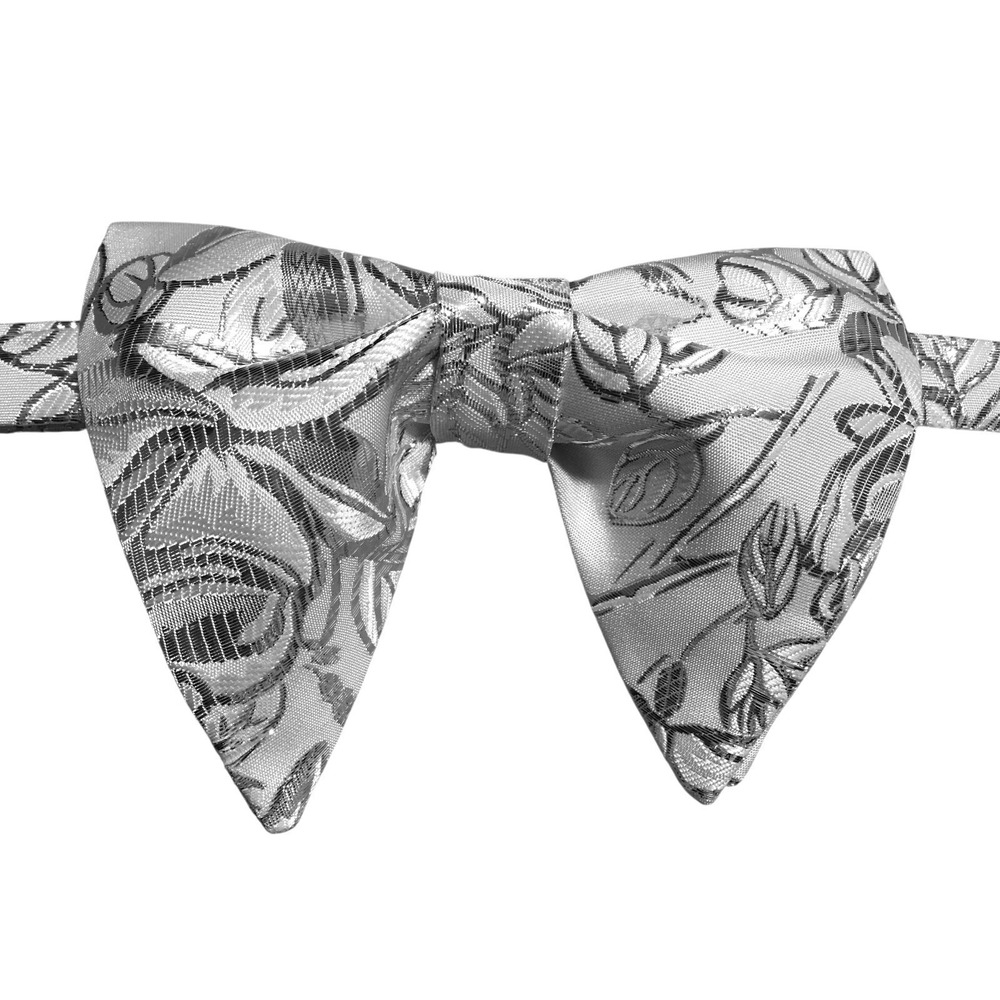 Silver Floral Jacquard Diamond Tip Bow Tie Pre-Tied Adjustable Formal Wedding